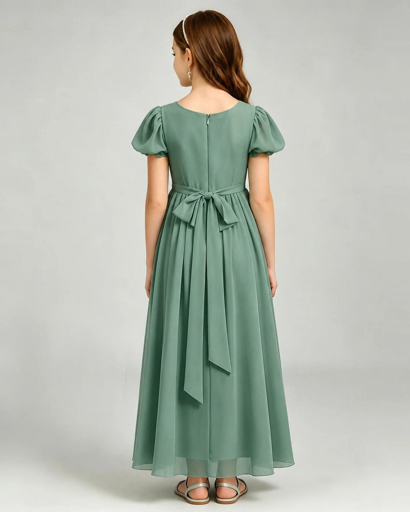 Eucalyptus Chiffon A-line Junior Bridesmaid Dress Back View