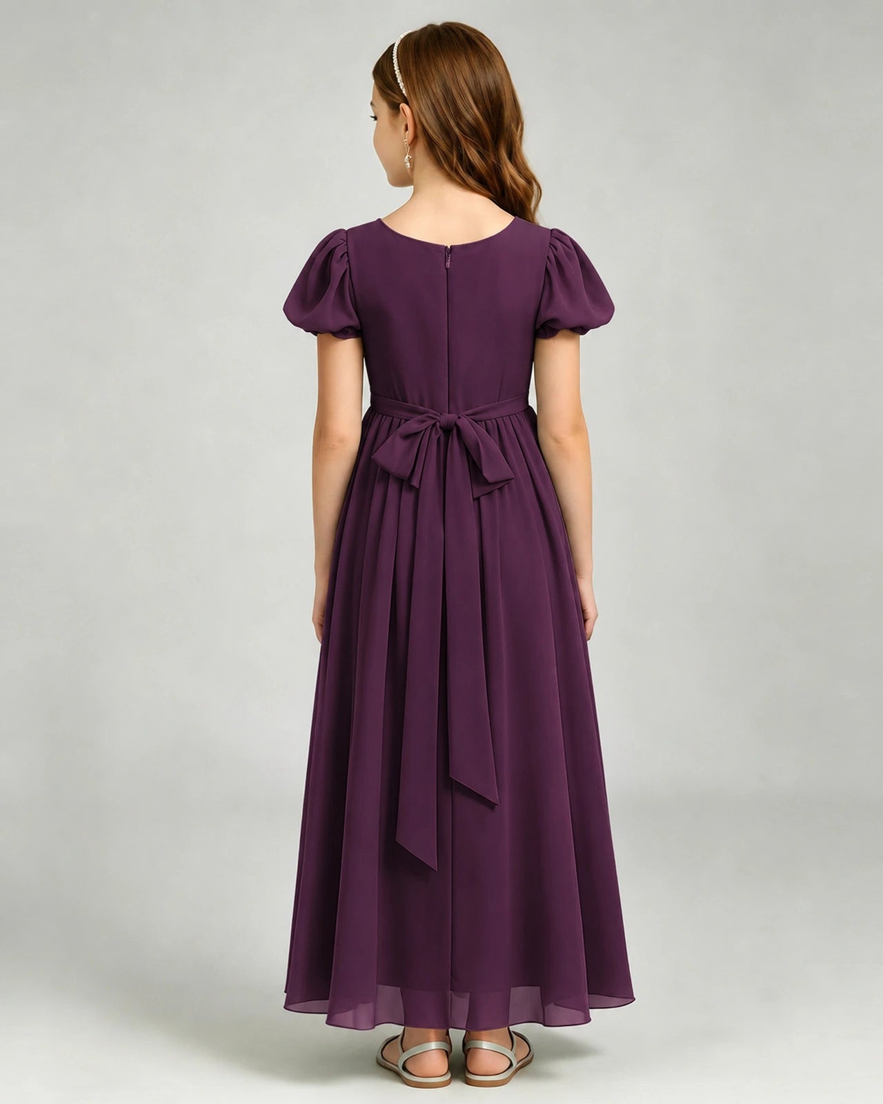 Grape Junior Bridesmaid Dress Puff Sleeve Chiffon Self-Tie Bow A-Line Floor-Length Gown Back Full View