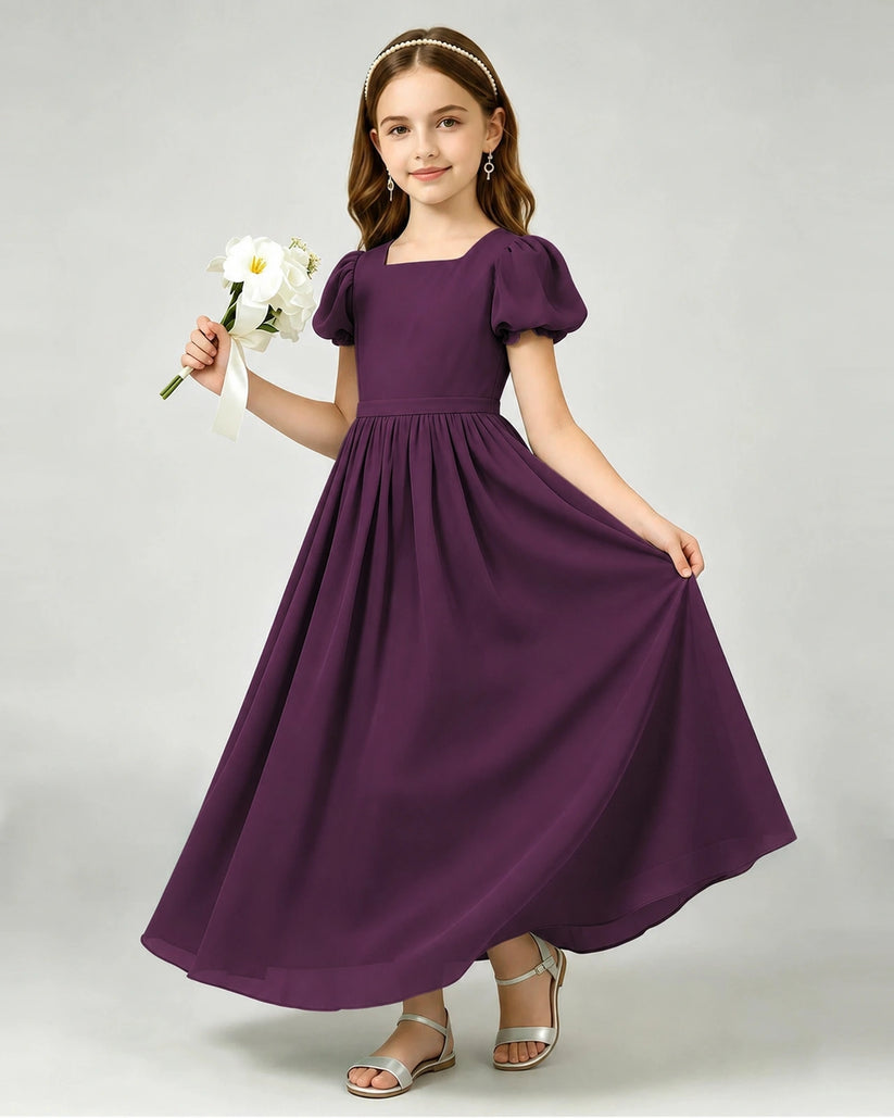Grape Chiffon A-line Junior Bridesmaid Dress Front View