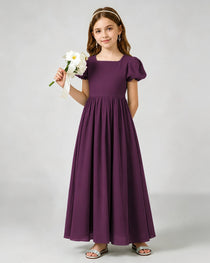 Grape Junior Bridesmaid Dress Puff Sleeve Chiffon Self-Tie Bow A-Line Floor-Length Gown Front Full View