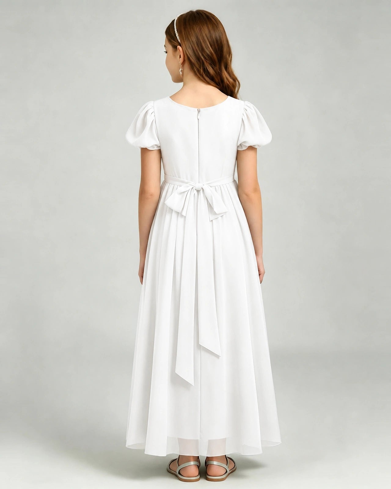 Ivory Junior Bridesmaid Dress Puff Sleeve Chiffon Self-Tie Bow A-Line Floor-Length Gown Back Full View