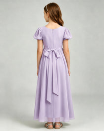 Lavender Junior Bridesmaid Dress Puff Sleeve Chiffon Self-Tie Bow A-Line Floor-Length Gown Back Full View