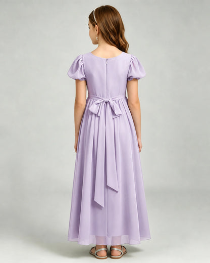 Lavender Junior Bridesmaid Dress Puff Sleeve Chiffon Self-Tie Bow A-Line Floor-Length Gown Back Full View