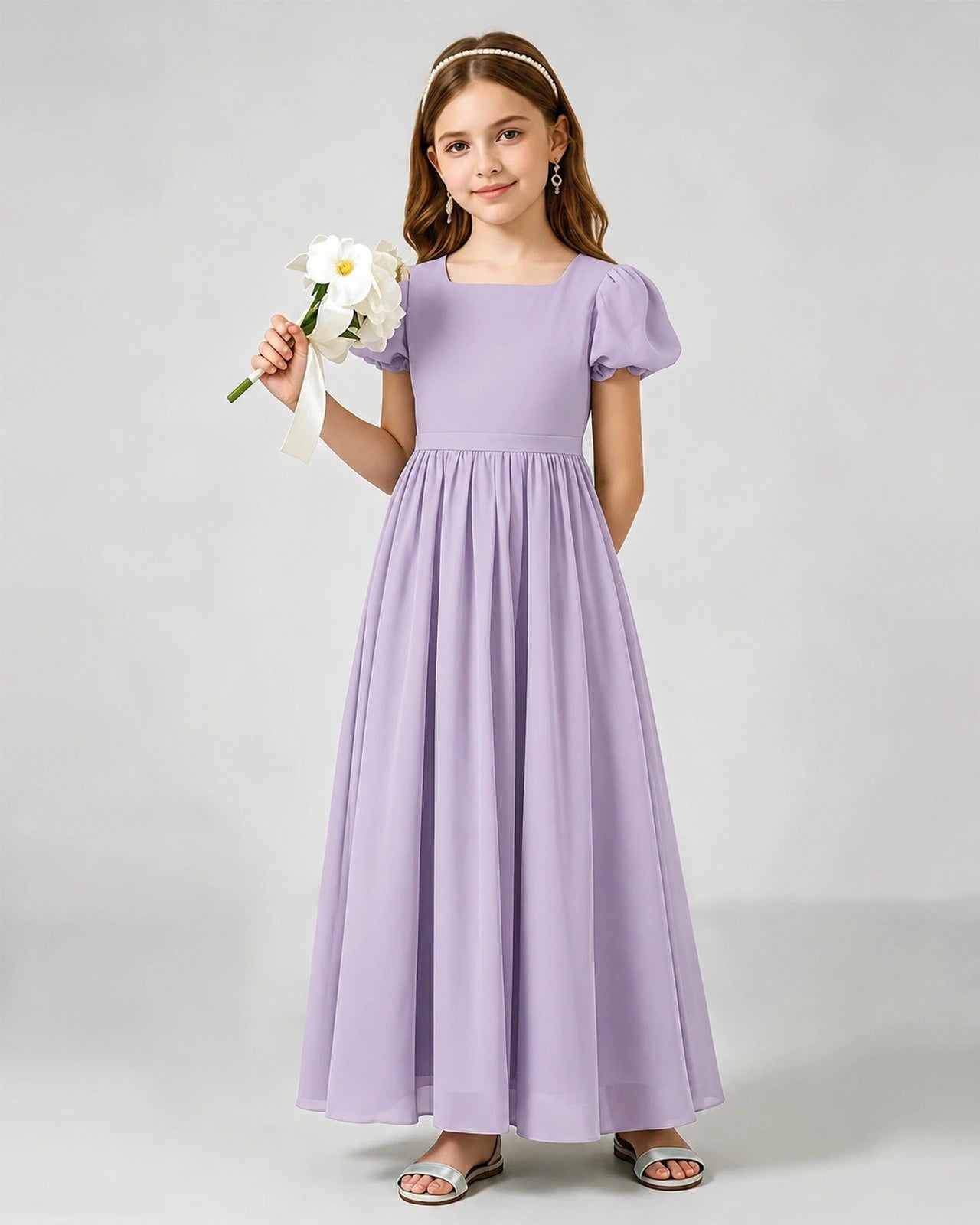 Lavender Junior Bridesmaid Dress Puff Sleeve Chiffon Self-Tie Bow A-Line Floor-Length Gown Front Full View
