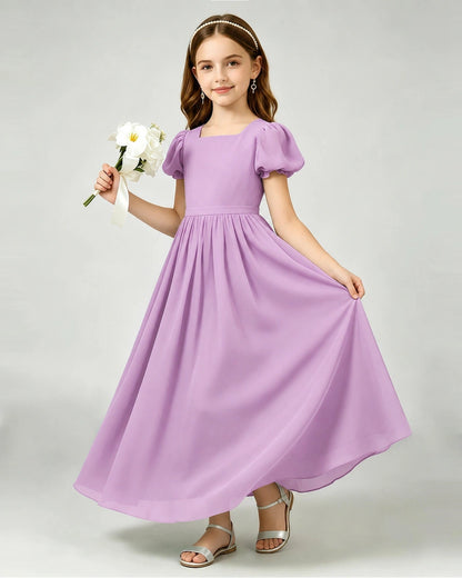 Lilac Junior Bridesmaid Dress Puff Sleeve Chiffon Self-Tie Bow A-Line Floor-Length Gown Front Full View