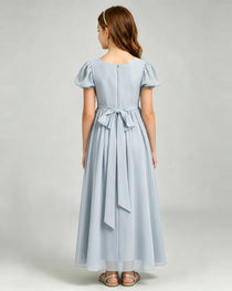 Mist Junior Bridesmaid Dress Puff Sleeve Chiffon Self-Tie Bow A-Line Floor-Length Gown Back Full View