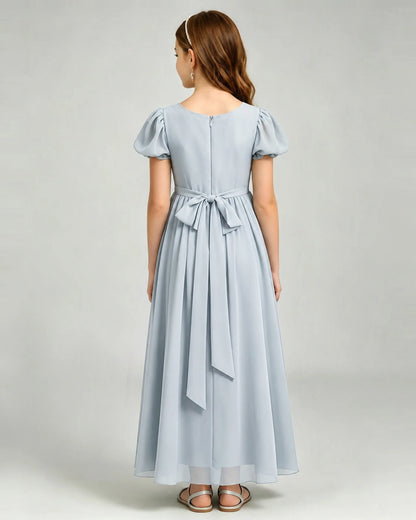 Mist Junior Bridesmaid Dress Puff Sleeve Chiffon Self-Tie Bow A-Line Floor-Length Gown Back Full View