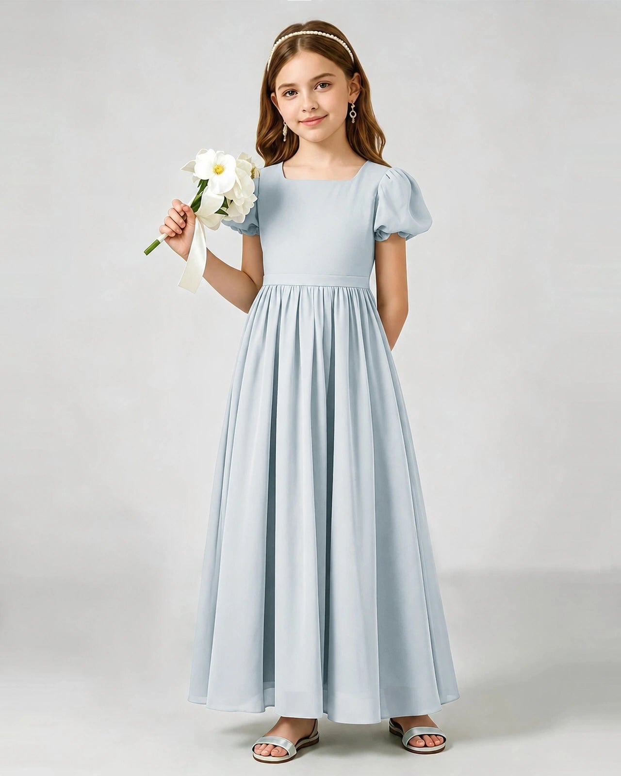 Mist Junior Bridesmaid Dress Puff Sleeve Chiffon Self-Tie Bow A-Line Floor-Length Gown Front Full View