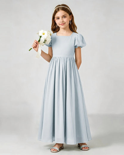 Mist Junior Bridesmaid Dress Puff Sleeve Chiffon Self-Tie Bow A-Line Floor-Length Gown Front Full View