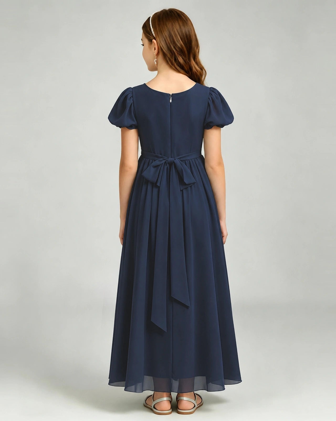 Navy Blue Junior Bridesmaid Dress Puff Sleeve Chiffon Self-Tie Bow A-Line Floor-Length Gown Back Full View