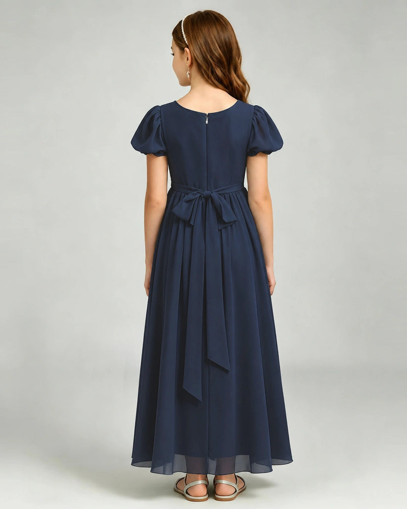 Navy Blue Chiffon A-line Junior Bridesmaid Dress Back View