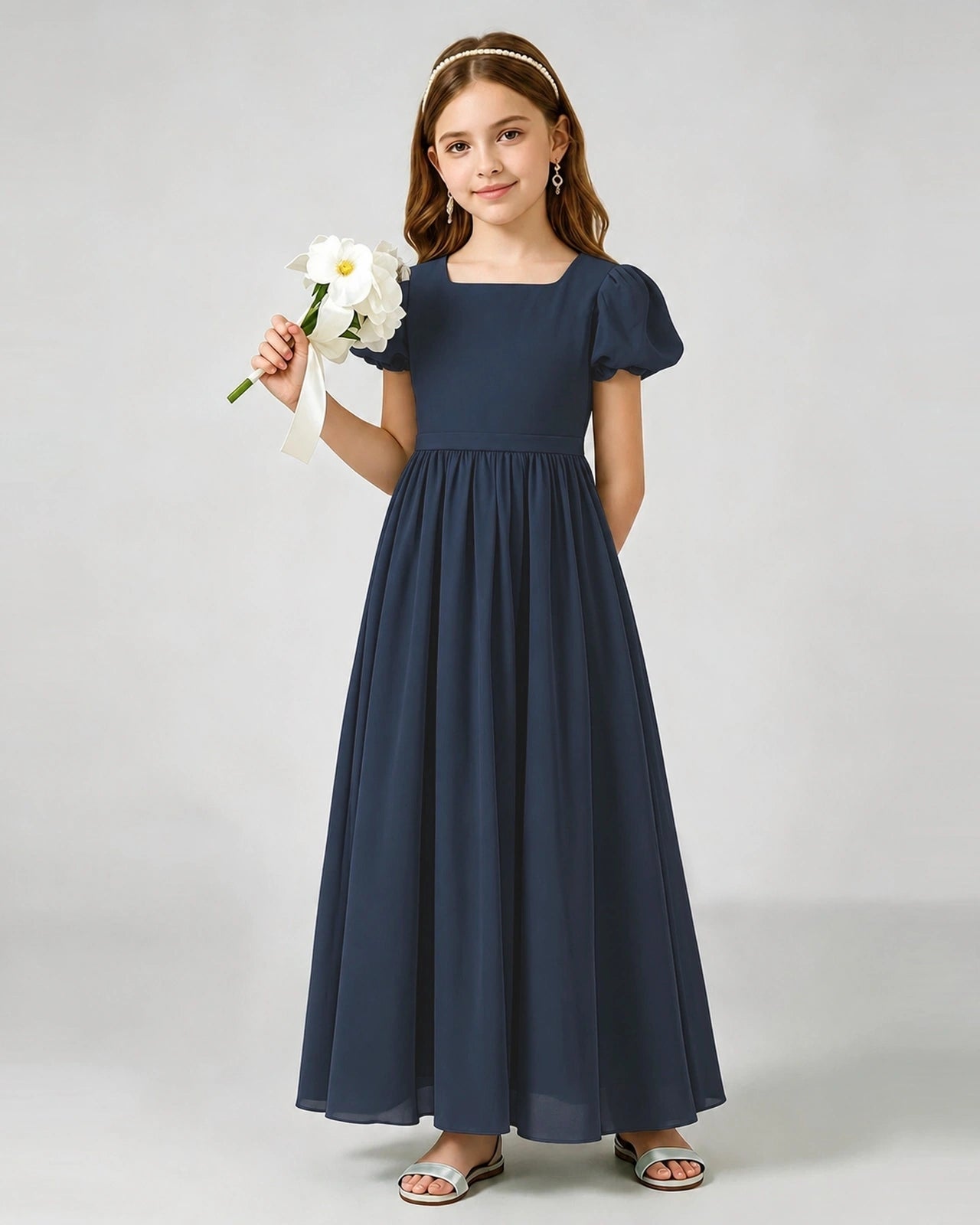 Navy Blue Junior Bridesmaid Dress Puff Sleeve Chiffon Self-Tie Bow A-Line Floor-Length Gown Front Full View