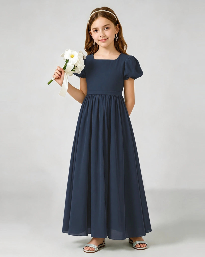 Navy Blue Chiffon A-line Junior Bridesmaid Dress Front View