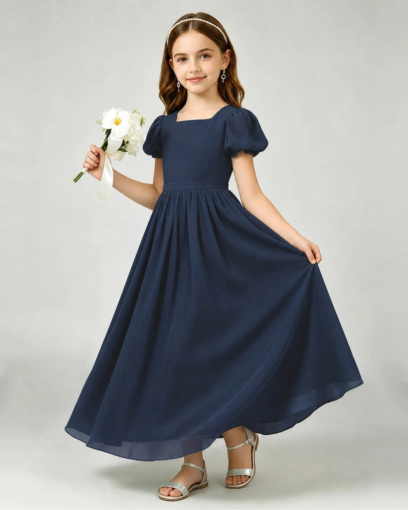 Navy Blue Chiffon A-line Junior Bridesmaid Dress Front View