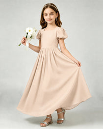 Peach Junior Bridesmaid Dress Puff Sleeve Chiffon Self-Tie Bow A-Line Floor-Length Gown Front Full View