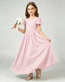Pink Junior Bridesmaid Dress Puff Sleeve Chiffon Self-Tie Bow A-Line Floor-Length Gown Front Full View