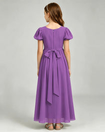 Purple Junior Bridesmaid Dress Puff Sleeve Chiffon Self-Tie Bow A-Line Floor-Length Gown Back Full View