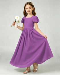 Purple Junior Bridesmaid Dress Puff Sleeve Chiffon Self-Tie Bow A-Line Floor-Length Gown Front Full View