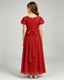 Red Junior Bridesmaid Dress Puff Sleeve Chiffon Self-Tie Bow A-Line Floor-Length Gown Back Full View