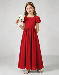 Red Junior Bridesmaid Dress Puff Sleeve Chiffon Self-Tie Bow A-Line Floor-Length Gown Front Full View