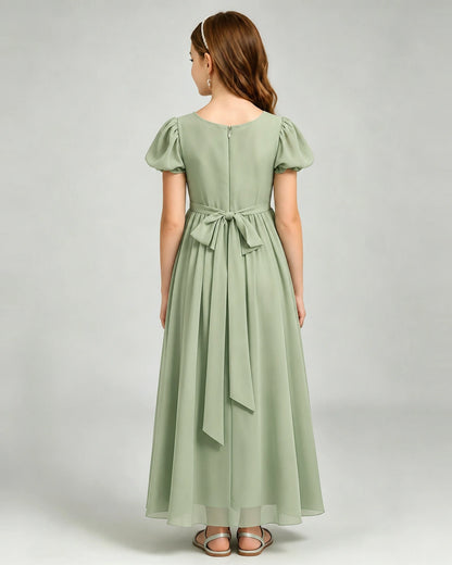 Sage Green Junior Bridesmaid Dress Puff Sleeve Chiffon Self-Tie Bow A-Line Floor-Length Gown Back Full View