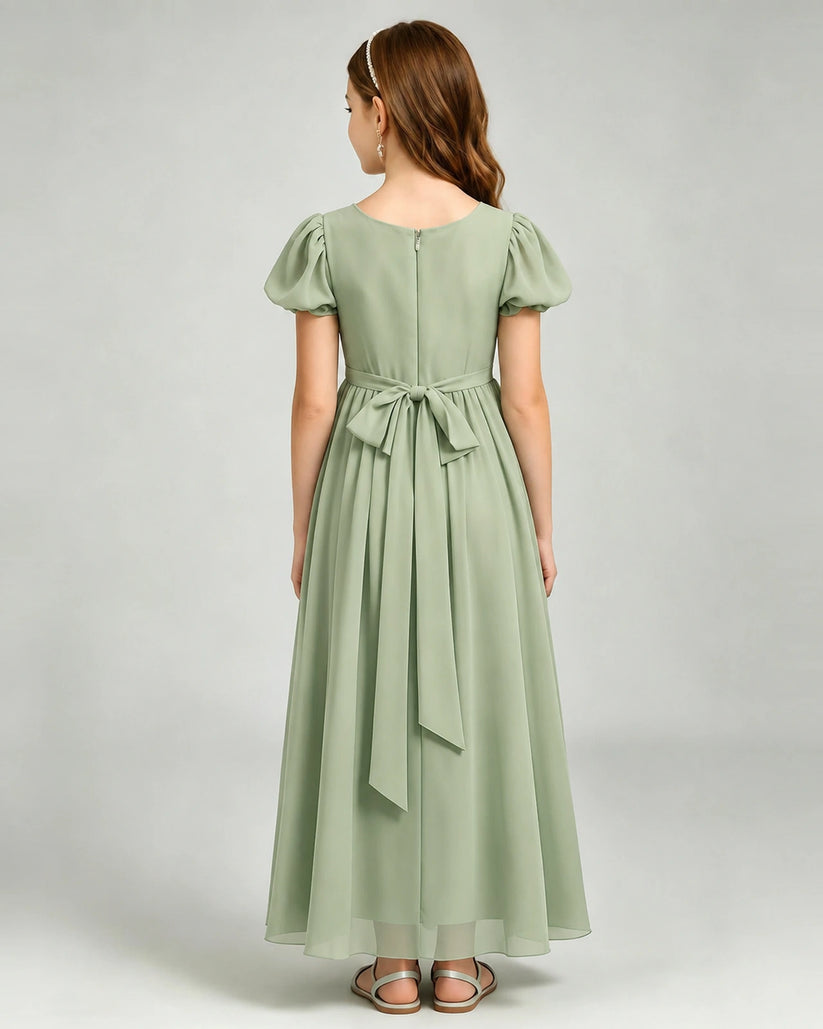 Sage Green Chiffon A-line Junior Bridesmaid Dress Back View