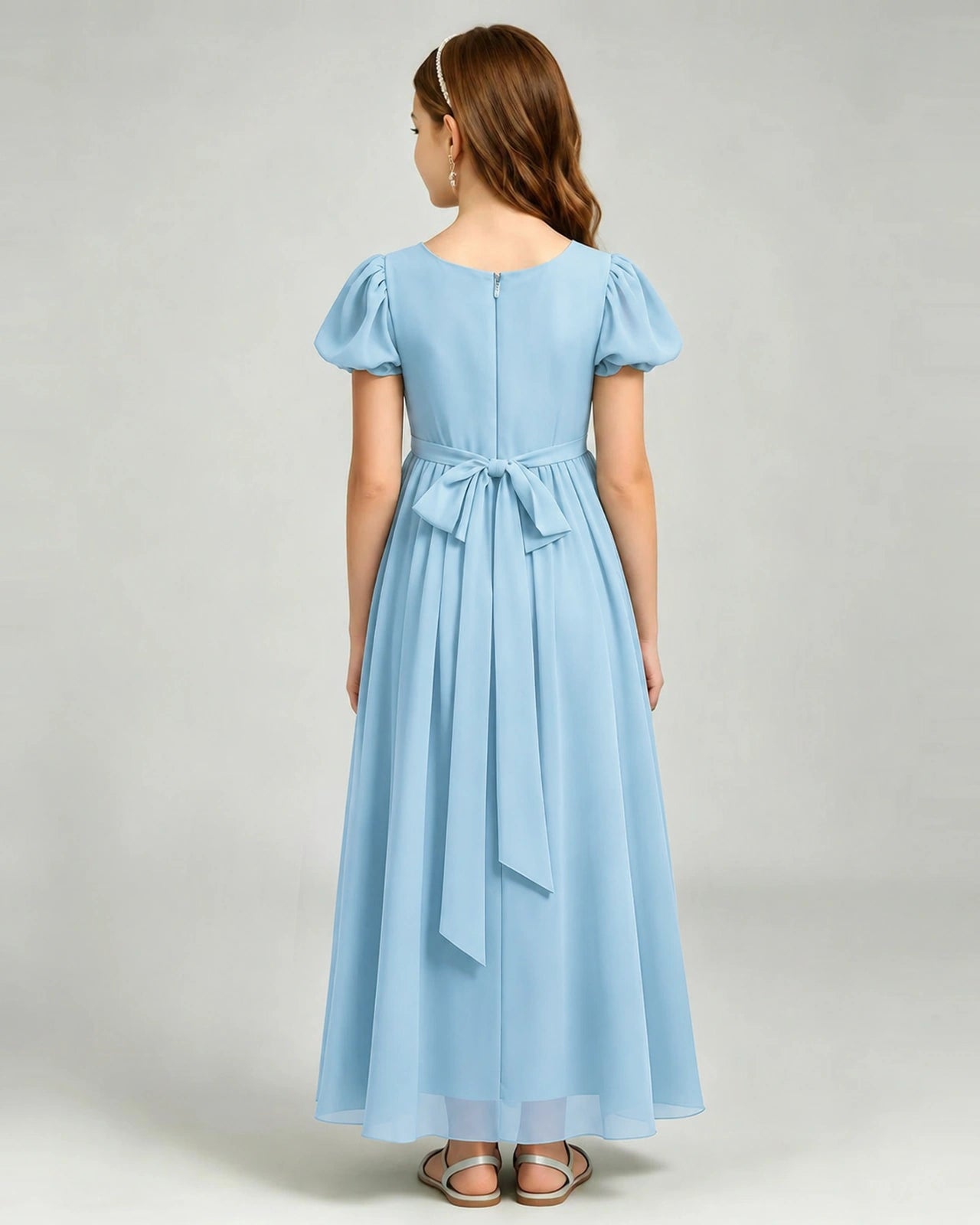 Sky Blue Junior Bridesmaid Dress Puff Sleeve Chiffon Self-Tie Bow A-Line Floor-Length Gown Back Full View