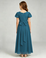 Teal Chiffon A-line Junior Bridesmaid Dress Back View