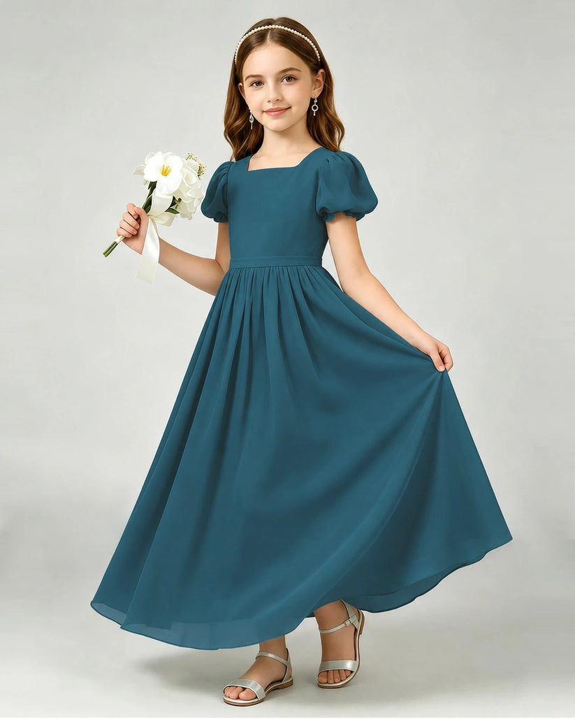 Teal Chiffon A-line Junior Bridesmaid Dress Front View