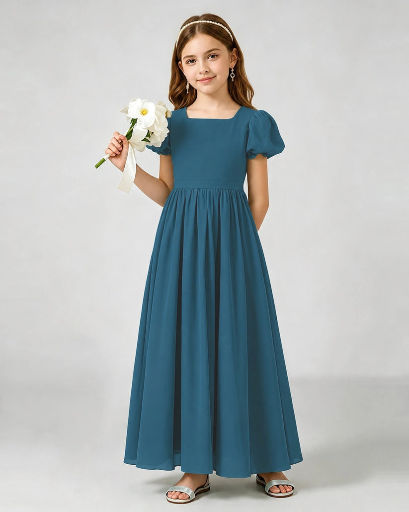 Teal Chiffon A-line Junior Bridesmaid Dress Front View