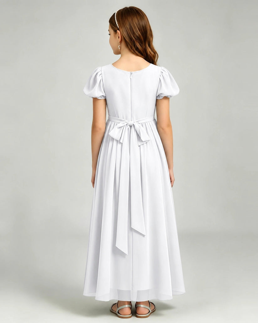White Chiffon A-line Junior Bridesmaid Dress Back View