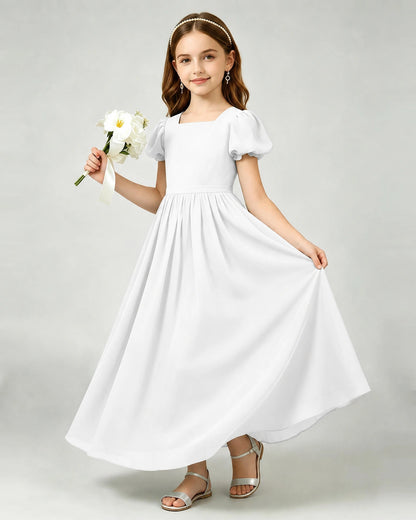 White Junior Bridesmaid Dress Puff Sleeve Chiffon Self-Tie Bow A-Line Floor-Length Gown Front Full View