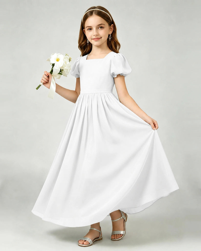 White Chiffon A-line Junior Bridesmaid Dress Front View