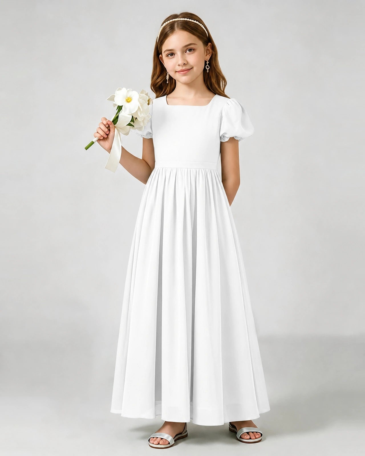 White Junior Bridesmaid Dress Puff Sleeve Chiffon Self-Tie Bow A-Line Floor-Length Gown Front Full View