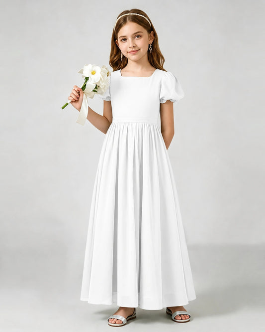 White Chiffon A-line Junior Bridesmaid Dress Front View