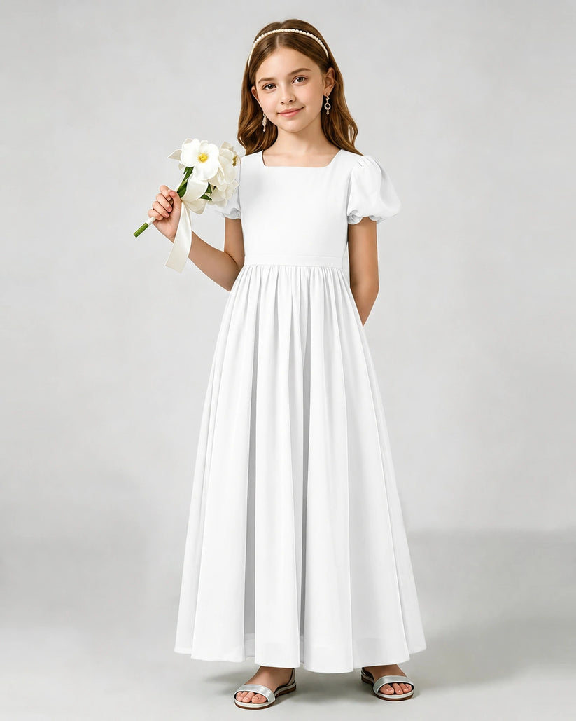 White Chiffon A-line Junior Bridesmaid Dress Front View