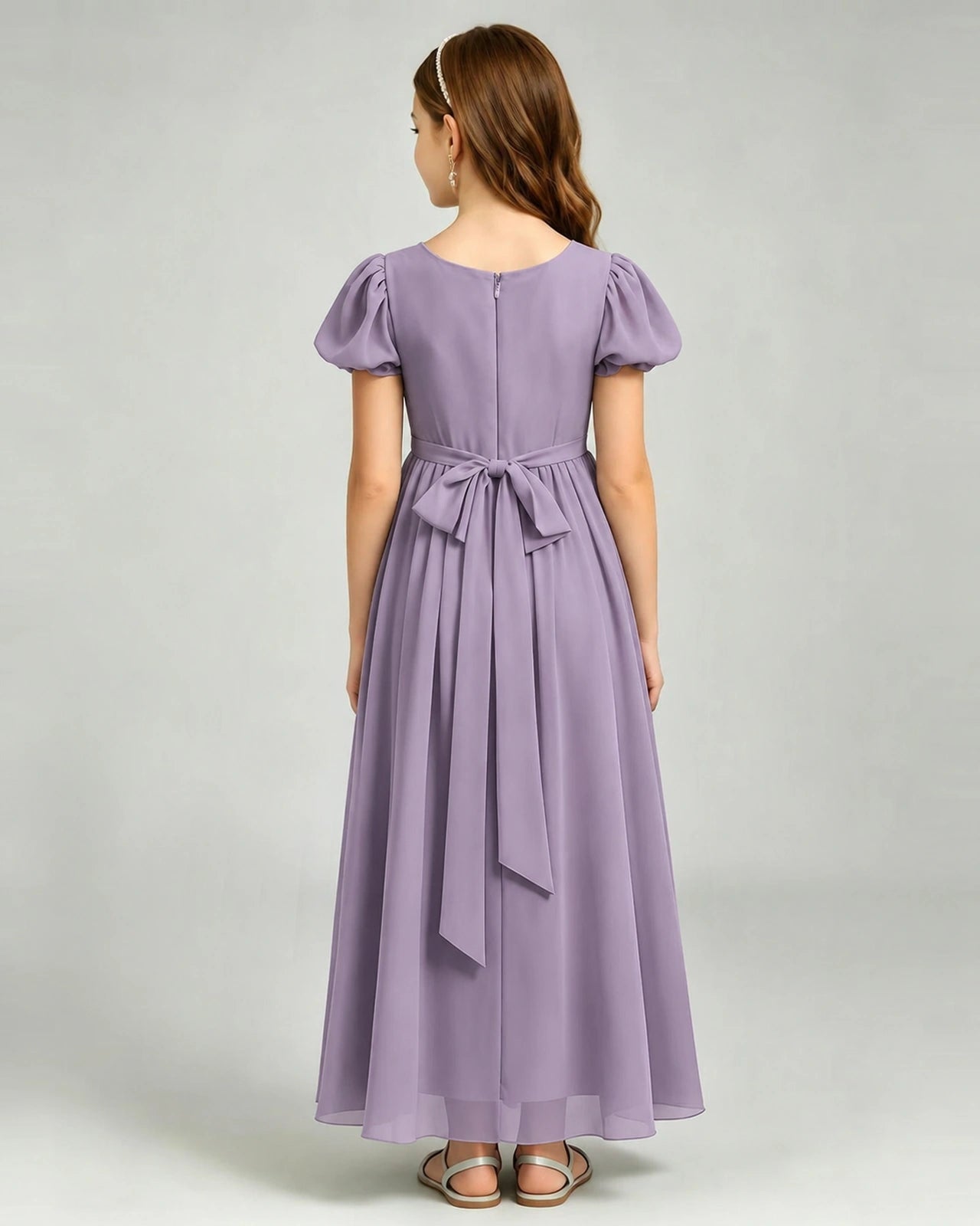 Wisteria Junior Bridesmaid Dress Puff Sleeve Chiffon Self-Tie Bow A-Line Floor-Length Gown Back Full View