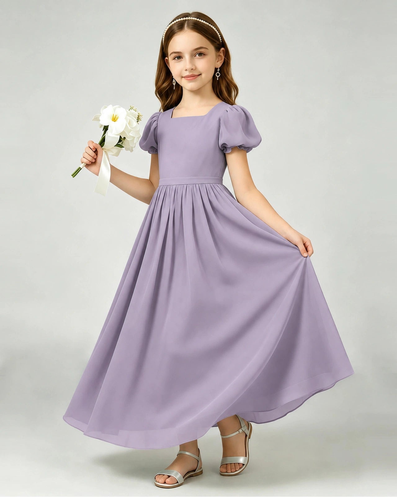 Wisteria Junior Bridesmaid Dress Puff Sleeve Chiffon Self-Tie Bow A-Line Floor-Length Gown Front Full View