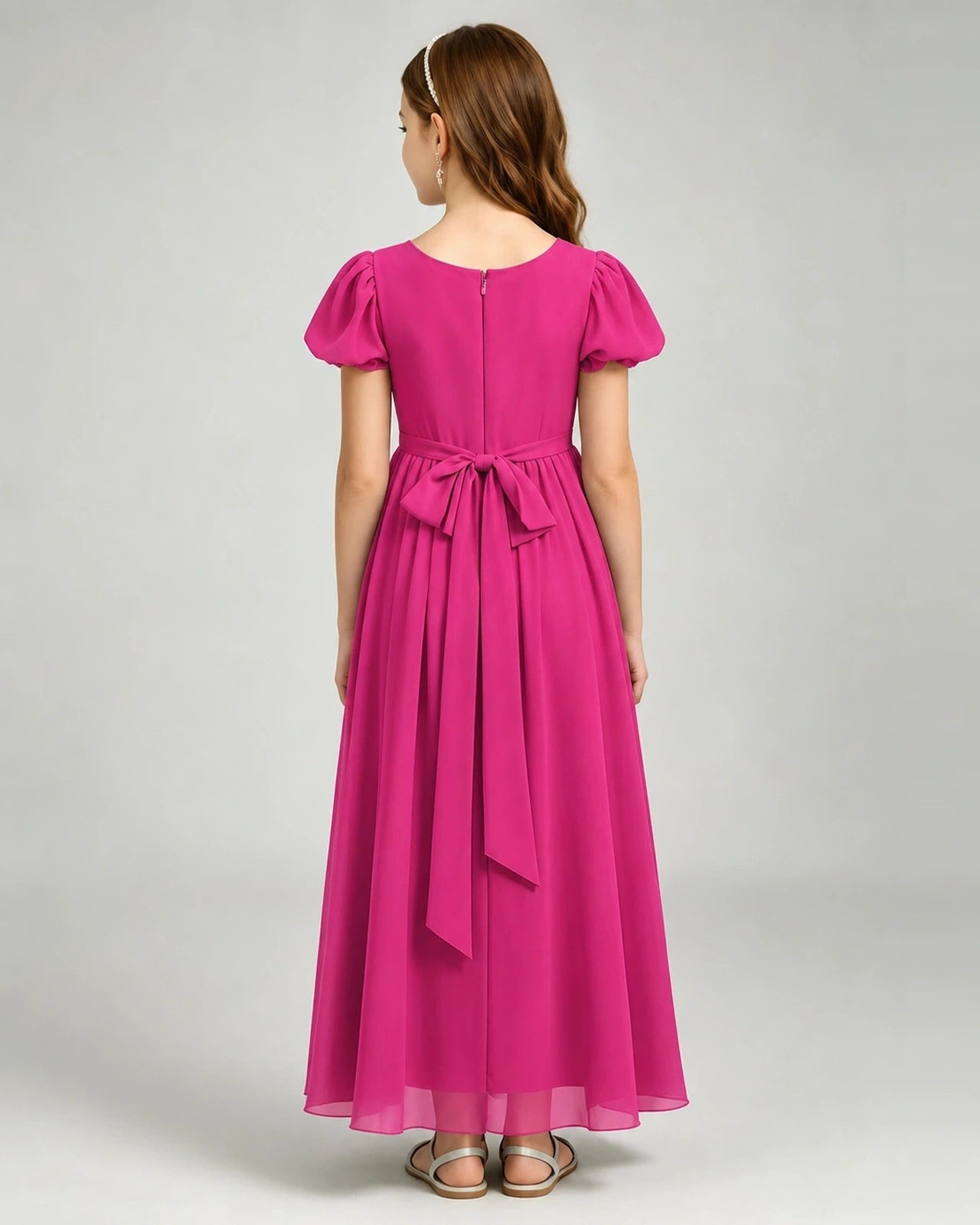 Hot Pink Junior Bridesmaid Dress Puff Sleeve Chiffon Self-Tie Bow A-Line Floor-Length Gown Back Full View