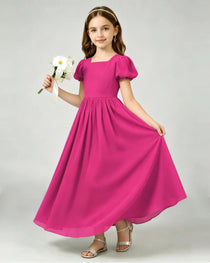 Hot Pink Junior Bridesmaid Dress Puff Sleeve Chiffon Self-Tie Bow A-Line Floor-Length Gown Front Full View