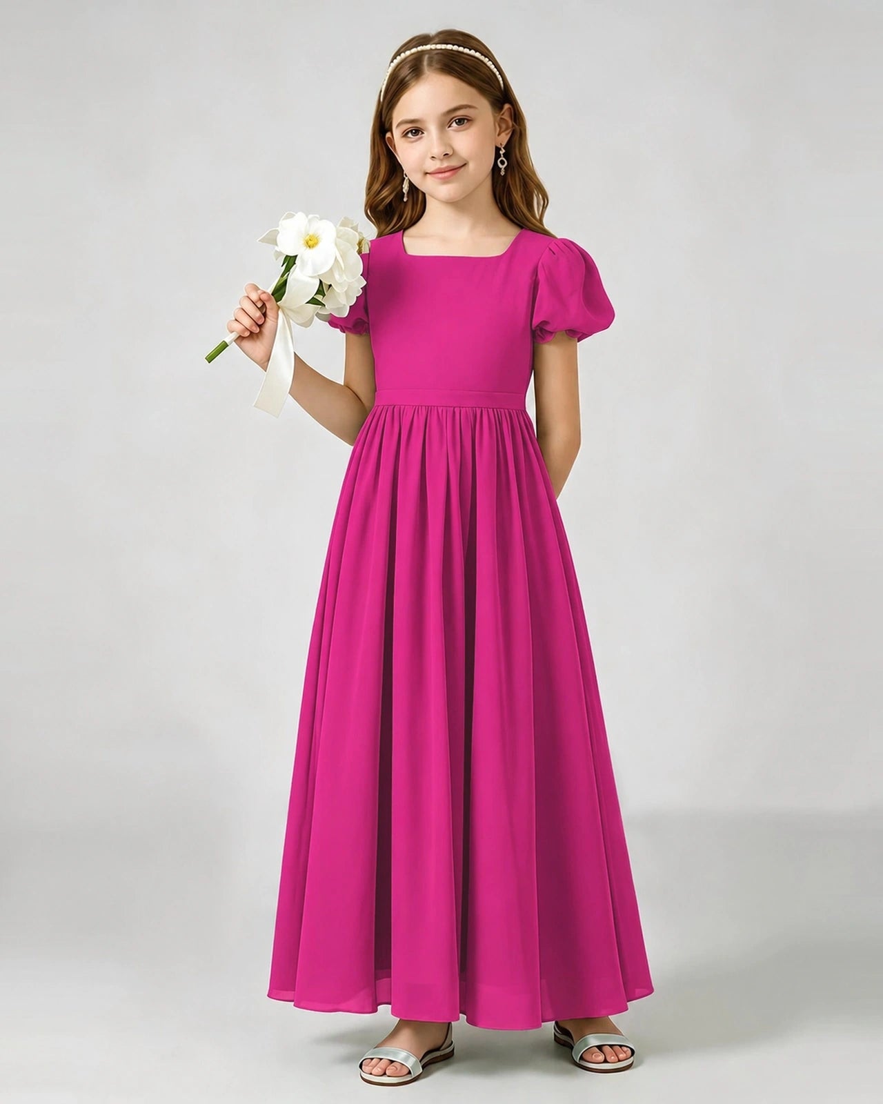 Hot Pink Junior Bridesmaid Dress Puff Sleeve Chiffon Self-Tie Bow A-Line Floor-Length Gown Front Full View