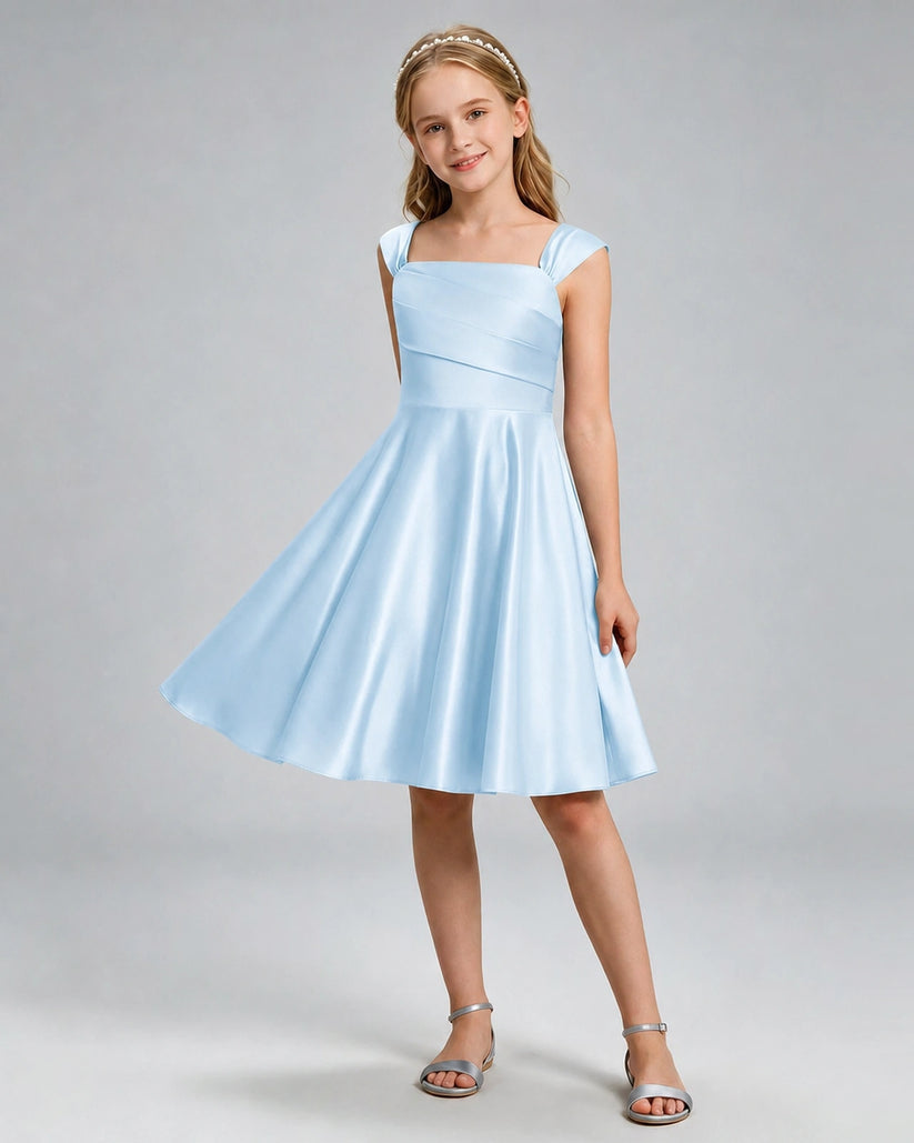 Baby Blue Satin A-line Girls Formal Dress Front View