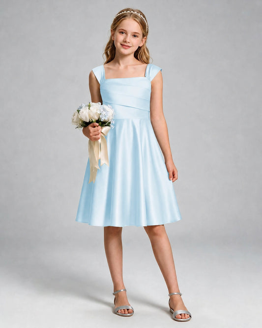 Baby Blue Satin A-line Girls Formal Dress Front View