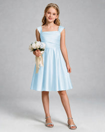 Baby Blue Junior Bridesmaid Dress Cap Sleeve Diagonal Ruched Satin A-Line Knee-Length Gown Front Full View