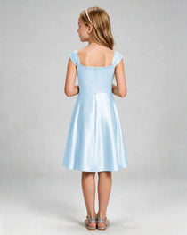 Baby Blue Junior Bridesmaid Dress Cap Sleeve Diagonal Ruched Satin A-Line Knee-Length Gown Back Full View