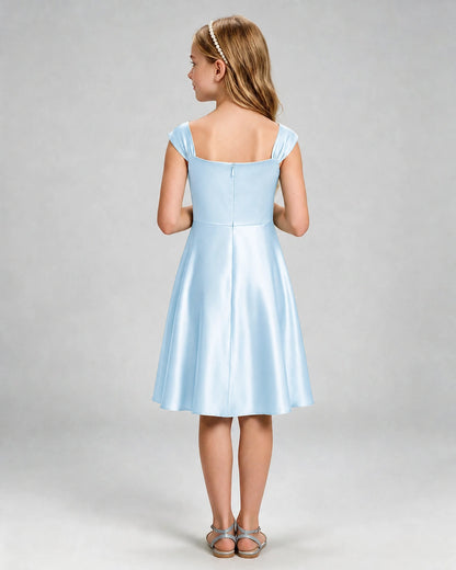 Baby Blue Junior Bridesmaid Dress Cap Sleeve Diagonal Ruched Satin A-Line Knee-Length Gown Back Full View