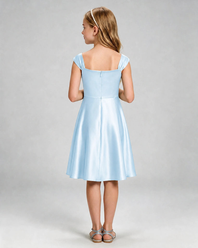 Baby Blue Satin A-line Girls Formal Dress Back View