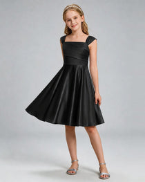 Black Junior Bridesmaid Dress Cap Sleeve Diagonal Ruched Satin A-Line Knee-Length Gown Front Full View