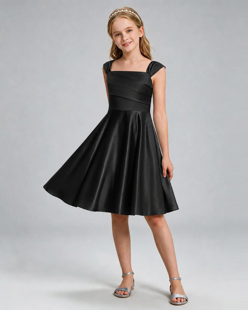 Black Satin A-line Girls Formal Dress Front View