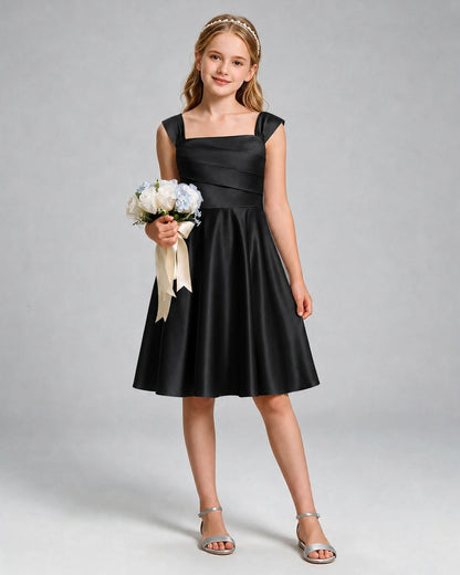 Black Junior Bridesmaid Dress Cap Sleeve Diagonal Ruched Satin A-Line Knee-Length Gown Front Full View